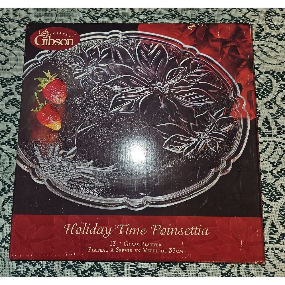 Gibson Holiday Time 13" Red Poinsettia Glass Platter